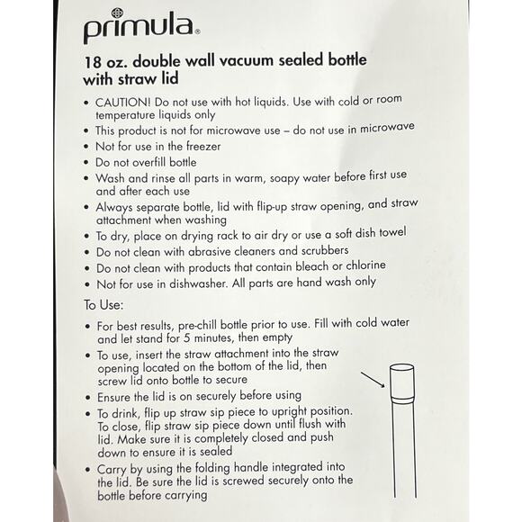 PRIMULA 18 OZ Double Wall Vacuum Sealed Bottle with Straw Rose Pink New - Picture 5 of 5